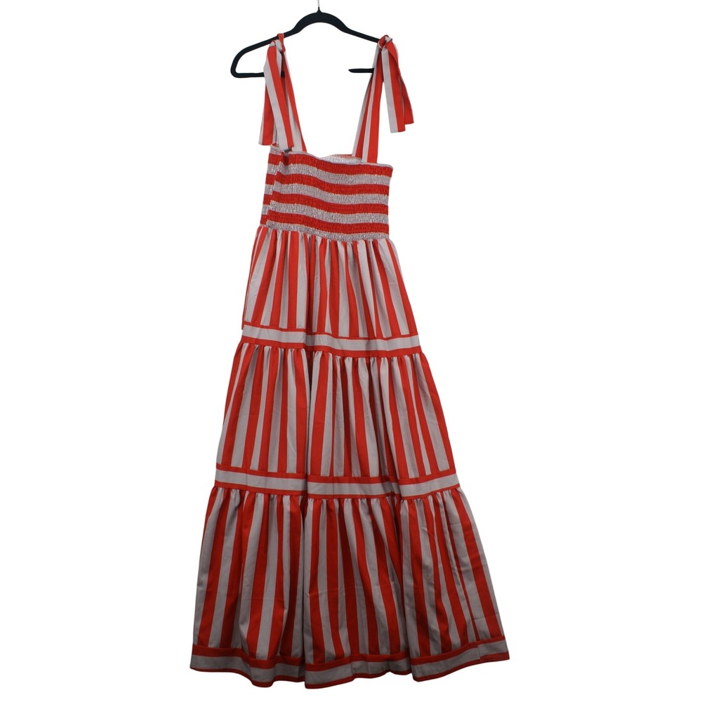 Red White Striped Smocked Maxi Dress Tie Shoulder Tiered Summer Sun Dress Medium